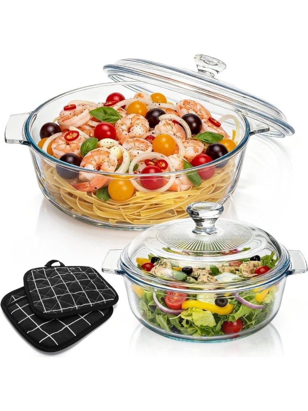 Set of 2 Clear Glass Casserole Dishes with Lids & Handles - Oven & Microwave